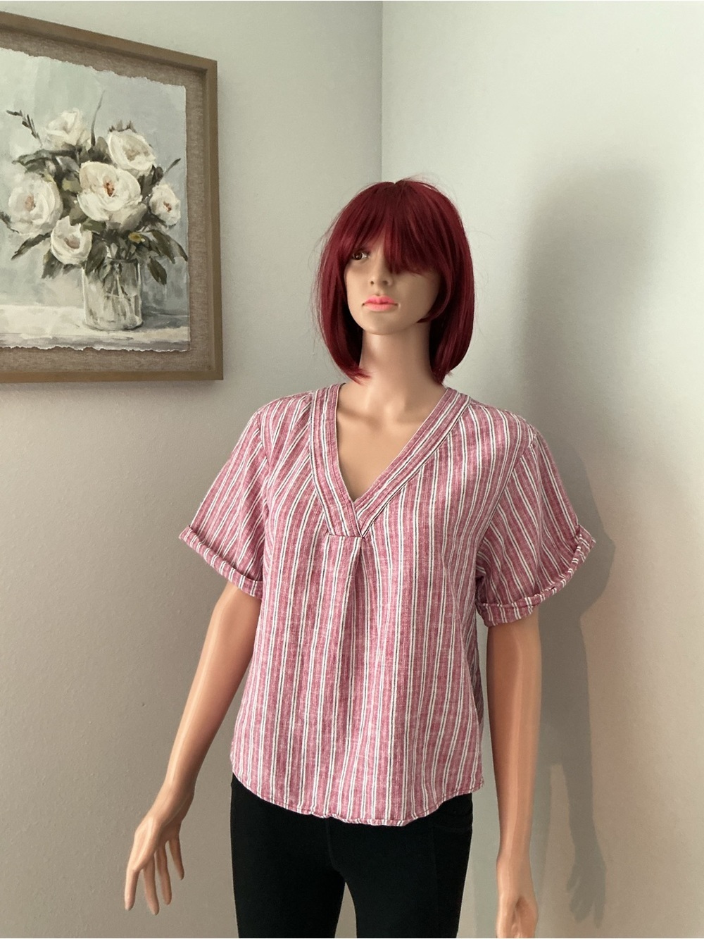 Pilcro Pink & White Striped V-Neck Blouse